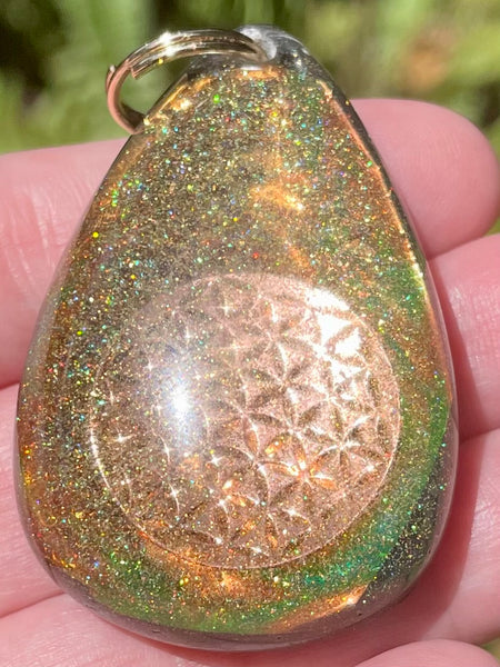 Orange Calcite, Citrine, Quartz & Aluminum Flower of Life Orgonite Pendant - Morganna’s Treasures