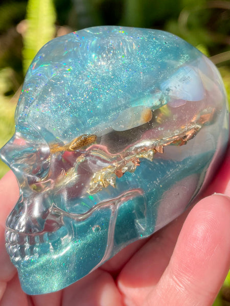 “Selkie” Lemurian Blue Calcite, Blue Kyanite, Turquoise, Opalite, Clear Quartz & Copper Orgonite Skull