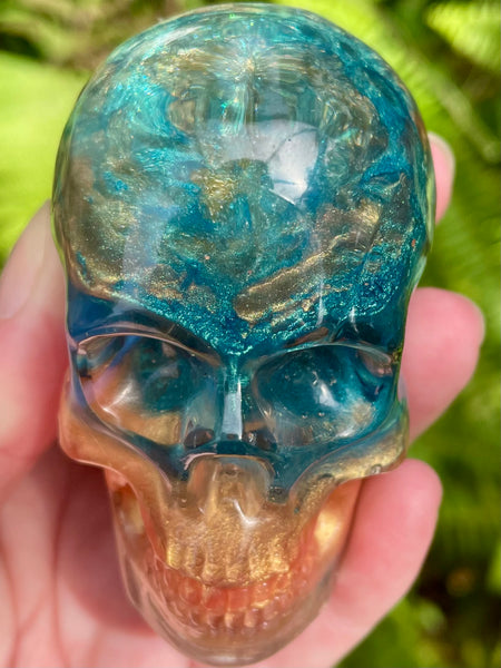 “Oracle” Blue Lace Agate, Pyrite, Kyanite, Amazonite, Opalite, Clear Quartz & Copper Orgonite Skull - Morganna’s Treasures 