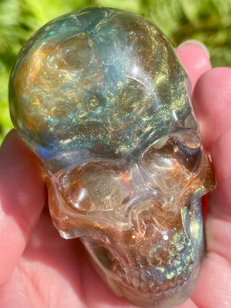 "Elemental" Large Labradorite, Green Aventurine, Blue Aventurine, Moss Agate, Fluorite, Opalite, Clear Quartz & Copper Orgonite Skull