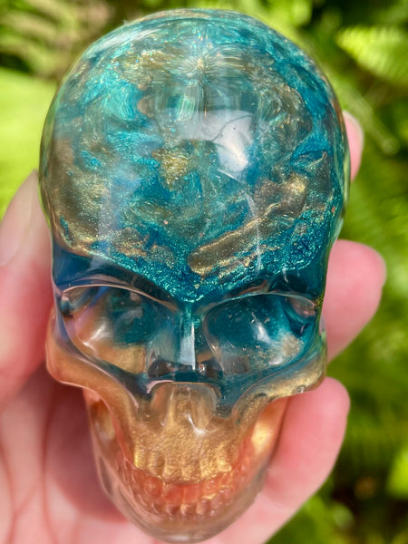 “Oracle” Blue Lace Agate, Pyrite, Kyanite, Amazonite, Opalite, Clear Quartz & Copper Orgonite Skull - Morganna’s Treasures 