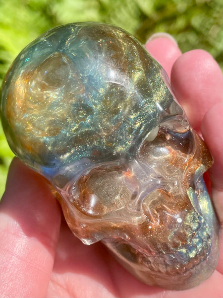 "Elemental" Large Labradorite, Green Aventurine, Blue Aventurine, Moss Agate, Fluorite, Opalite, Clear Quartz & Copper Orgonite Skull