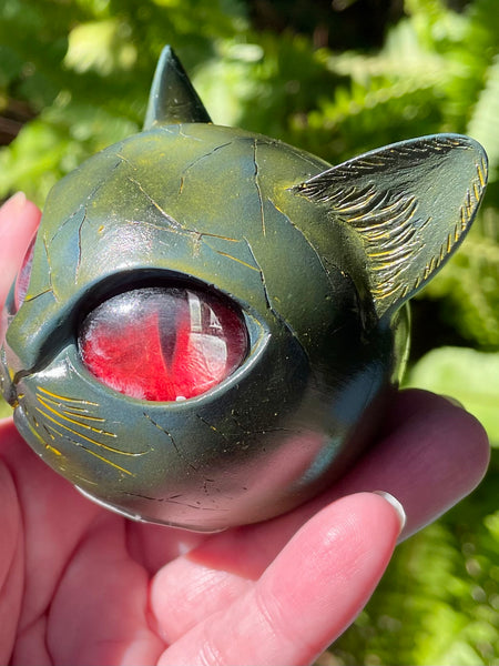 Resin Cat Head with Red Eyes - Morganna’s Treasures