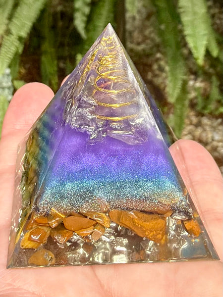 Tigers Eye, Clear Quartz & Copper Orgonite Pyramid