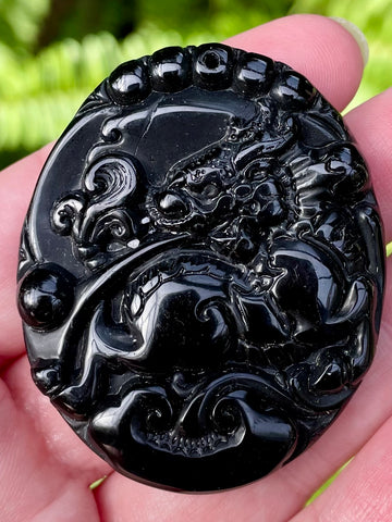 Carved Buddhist Black Obsidian Palm Stone/Pendant - Morganna’s Treasures 