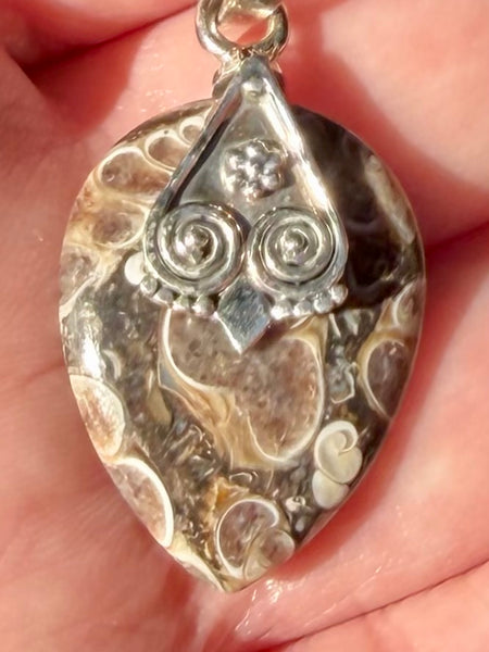 Turritella Agate Owl Pendant - Morganna’s Treasures