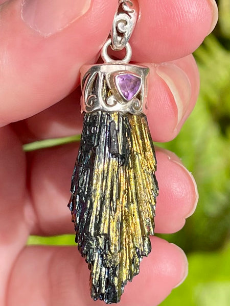 Rainbow Aura Kyanite and Amethyst Pendant - Morganna’s Treasures 