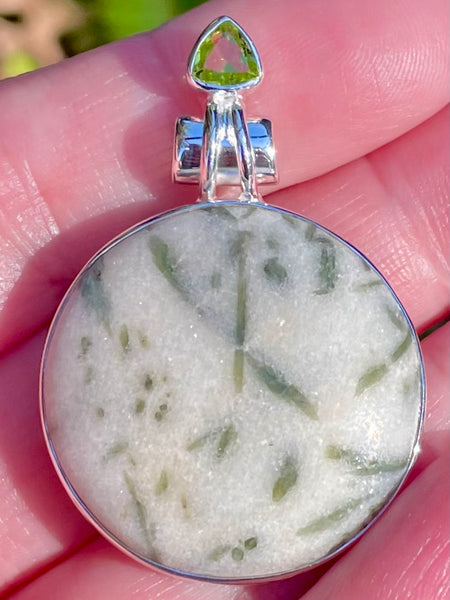 Green Tourmaline in Quartz and Peridot Pendant