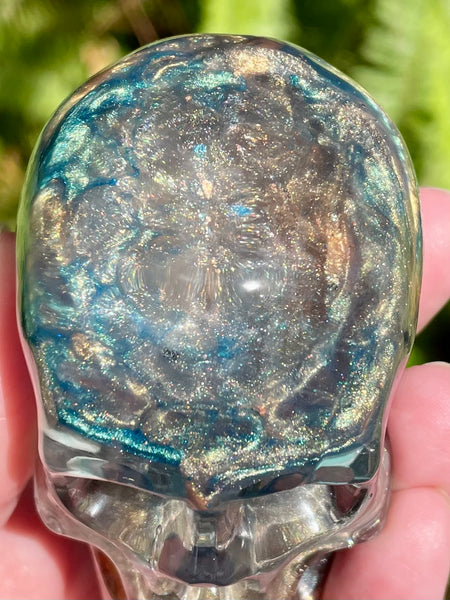 “Mermaid” Sunstone, Aquamarine, Turquoise, Amazonite, Opalite, Clear Quartz & Copper Orgonite Skull - Morganna’s Treasures 