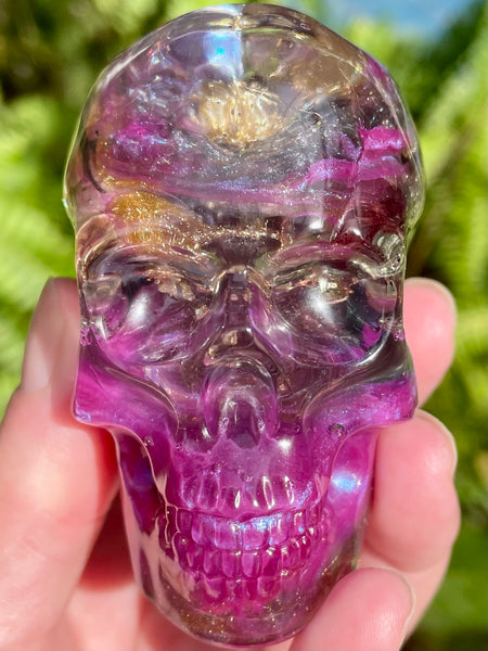 “Conjuror” Large Super Seven, Garnet, Pyrite, Sugilite, Clear Quartz & Copper Orgonite Skull - Morganna’s Treasures 