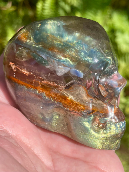 "Elemental" Large Labradorite, Green Aventurine, Blue Aventurine, Moss Agate, Fluorite, Opalite, Clear Quartz & Copper Orgonite Skull