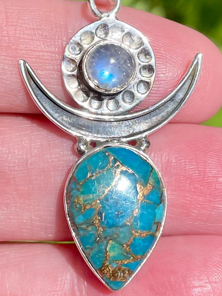 Rainbow Moonstone and Blue Copper Turquoise Crescent Moon Pendant - Morganna’s Treasures 