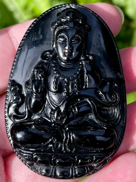 Carved Buddhist Black Obsidian Palm Stone/Pendant - Morganna’s Treasures 