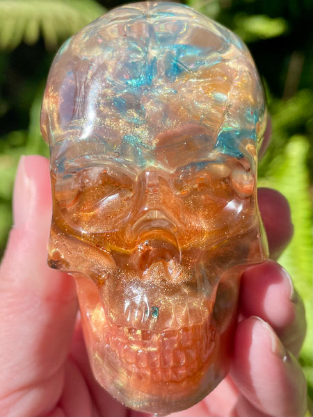 "Phoenix" Large Pyrite, Green Aventurine, Moss Agate, Moonstone, Orange Calcite, Clear Quartz & Copper Orgonite Skull