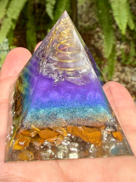 Tigers Eye, Clear Quartz & Copper Orgonite Pyramid