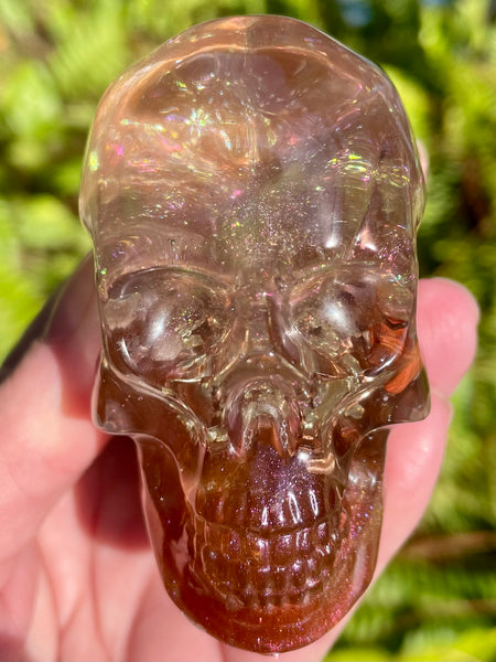 “Visionary” Large Garnet, Rose Quartz, Red Jasper, Clear Quartz & Copper Orgonite Skull