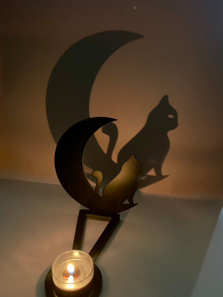 Cat and Moon Shadow Stand Tea Light Holder - Morganna’s Treasures