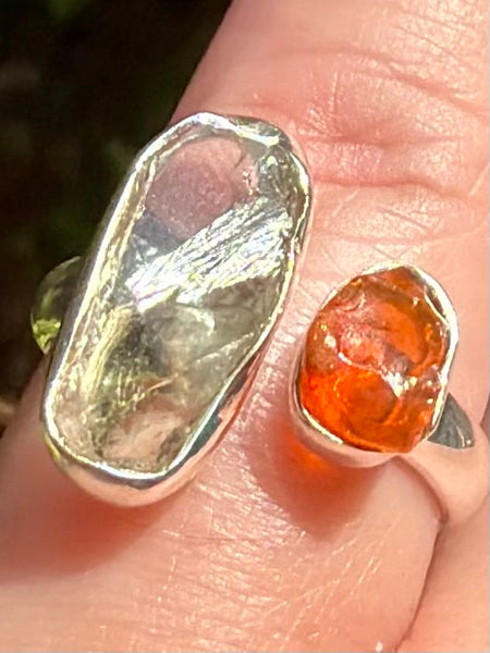 Rough Aquamarine and Mexican Fire Opal Ring Size 6.5 - Morganna’s Treasures