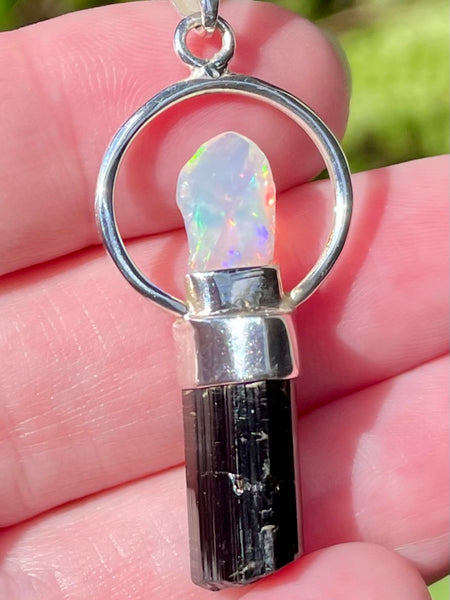 Rough Black Tourmaline and Ethiopian Opal Pendant - Morganna’s Treasures 