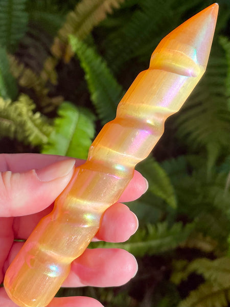 Orange Aura Selenite Spiral Wand - Morganna’s Treasures