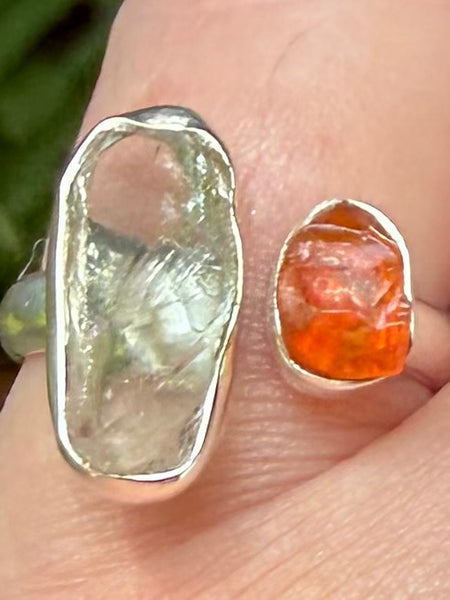 Rough Aquamarine and Mexican Fire Opal Ring Size 6.5