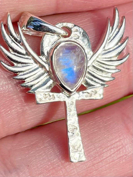 Rainbow Moonstone Angel Wings Cross Pendant