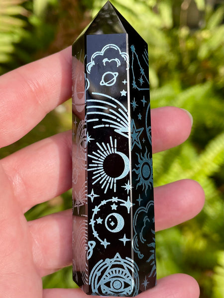 Sacred Symbols Black Obsidian Healing Wand - Turquoise - Morganna’s Treasures 