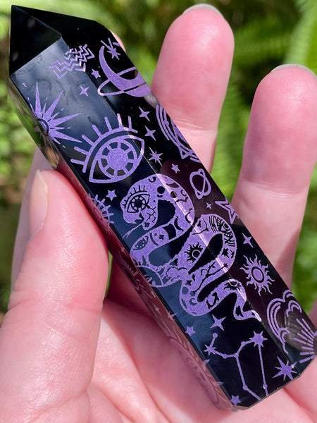 Sacred Symbols Black Obsidian Healing Wand - Purple - Morganna’s Treasures 