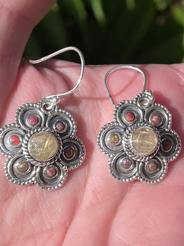 Golden Rutilated Quartz and Fire Opal Earrings - Morganna’s Treasures 