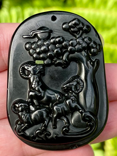 Carved Buddhist Black Obsidian Palm Stone/Pendant - Morganna’s Treasures 