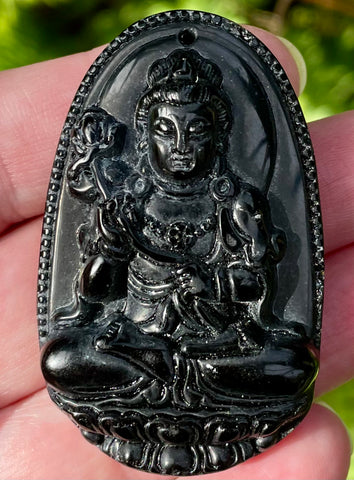 Carved Buddhist Black Obsidian Palm Stone/Pendant - Morganna’s Treasures 