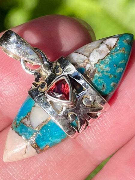 Spiny Oyster in Arizona Turquoise and Garnet Pendant - Morganna’s Treasures 