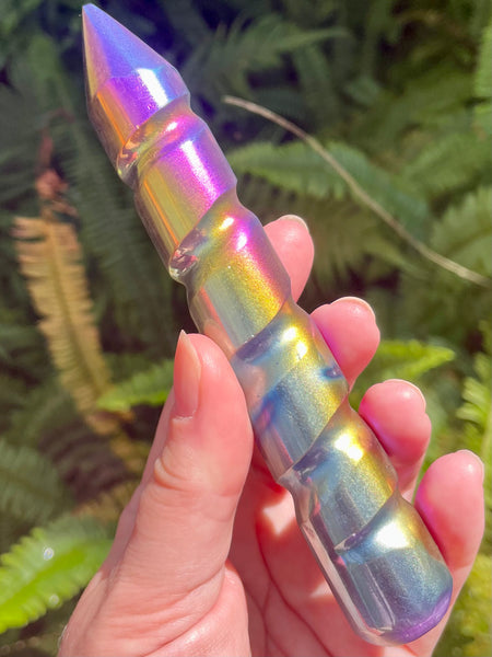Rainbow Titanium Aura Selenite Spiral Wand - Morganna’s Treasures