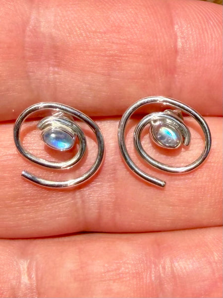 Rainbow Moonstone Spiral Studded Earrings