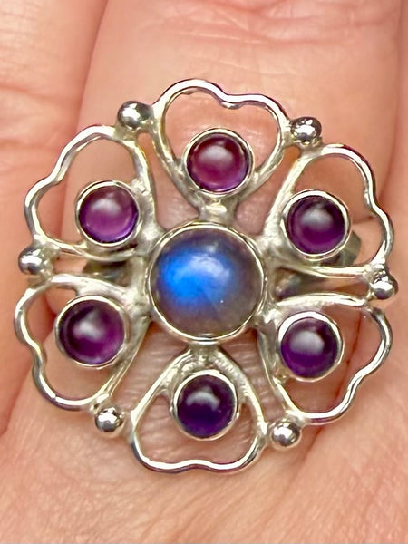 Labradorite and Amethyst Flower Ring Size 9