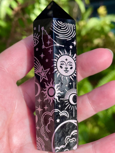 Sacred Symbols Black Obsidian Healing Wand - Pink - Morganna’s Treasures 