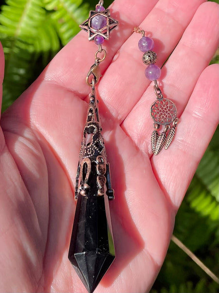 Black Obsidian and Purple Amethyst Dreamcatcher Pendulum