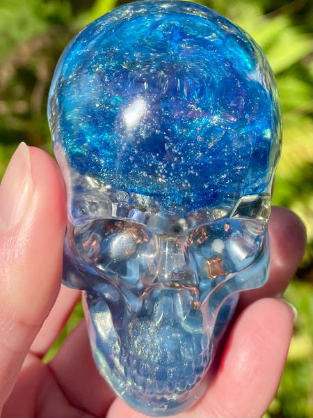 “Celestial” Sodalite, Pyrite, Kyanite, Opalite, Clear Quartz & Copper Orgonite Skull