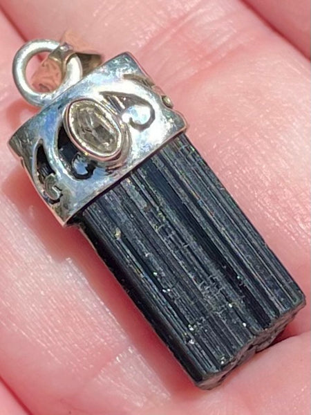 Rough Black Tourmaline and Herkimer Diamond Pendant - Morganna’s Treasures 