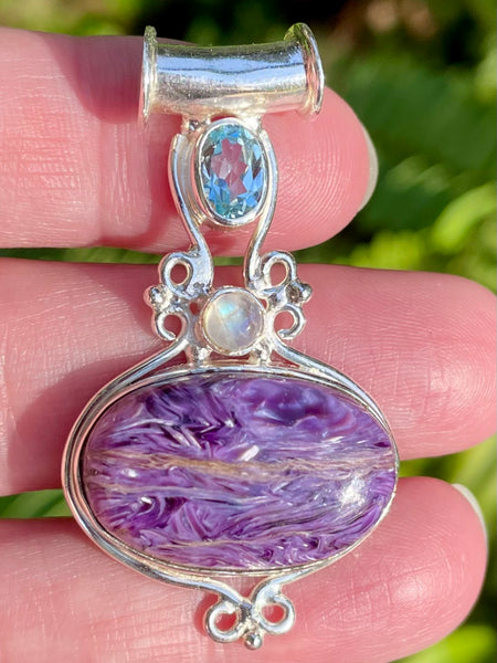 Charoite, Rainbow Moonstone and Blue Topaz Pendant - Morganna’s Treasures 