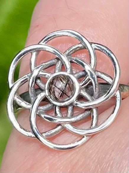 Tourmanilated Quartz Flower of Life Ring Size 7 - Morganna’s Treasures 