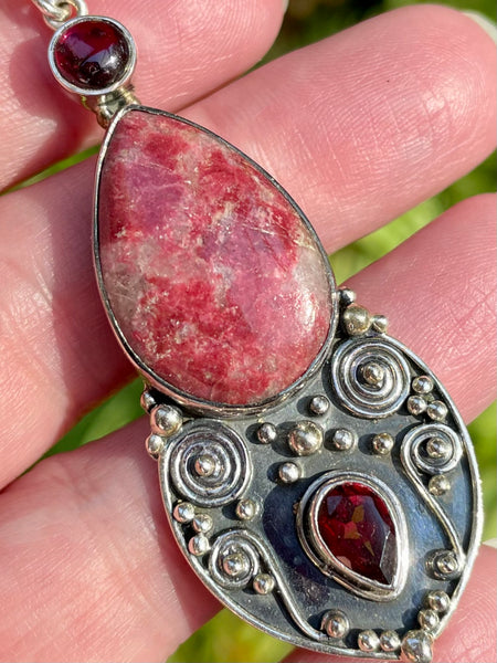 Pink Thulite and Garnet Pendant - Morganna’s Treasures 