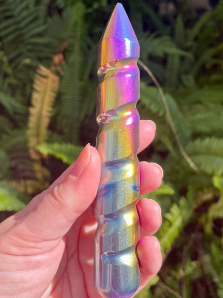 Rainbow Titanium Aura Selenite Spiral Wand - Morganna’s Treasures