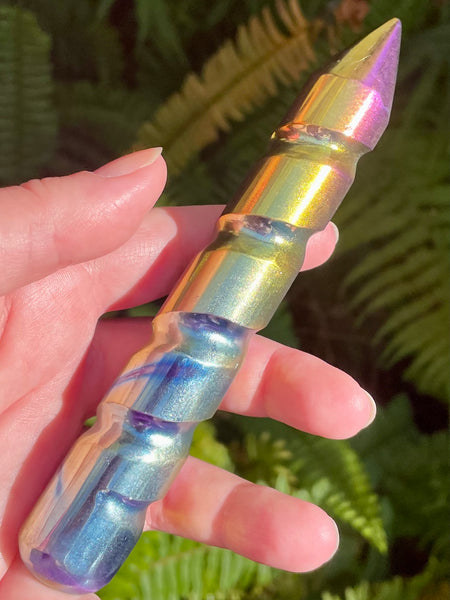 Rainbow Titanium Aura Selenite Spiral Wand - Morganna’s Treasures