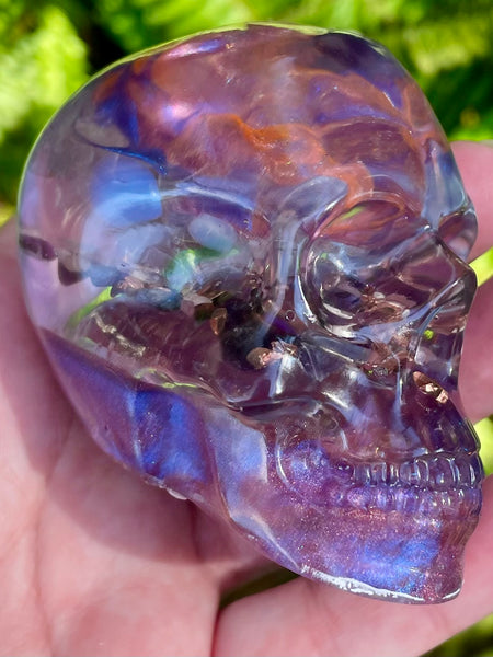 “Magician” Large Super Seven, Sugilite, Rhodochrosite, Amethyst, Clear Quartz & Copper Orgonite Skull - Morganna’s Treasures 