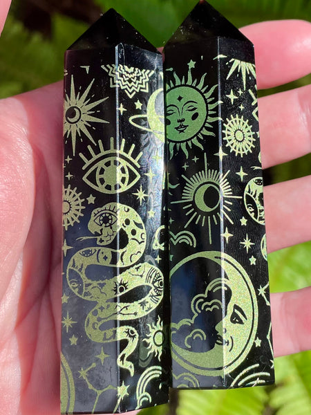 Sacred Symbols Black Obsidian Healing Wand - Gold - Morganna’s Treasures