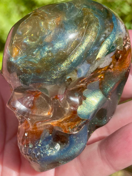 "Elemental" Large Labradorite, Green Aventurine, Blue Aventurine, Moss Agate, Fluorite, Opalite, Clear Quartz & Copper Orgonite Skull