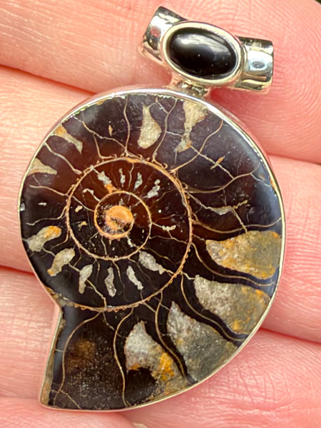Rare Hematite in Ammonite and Black Onyx Pendant