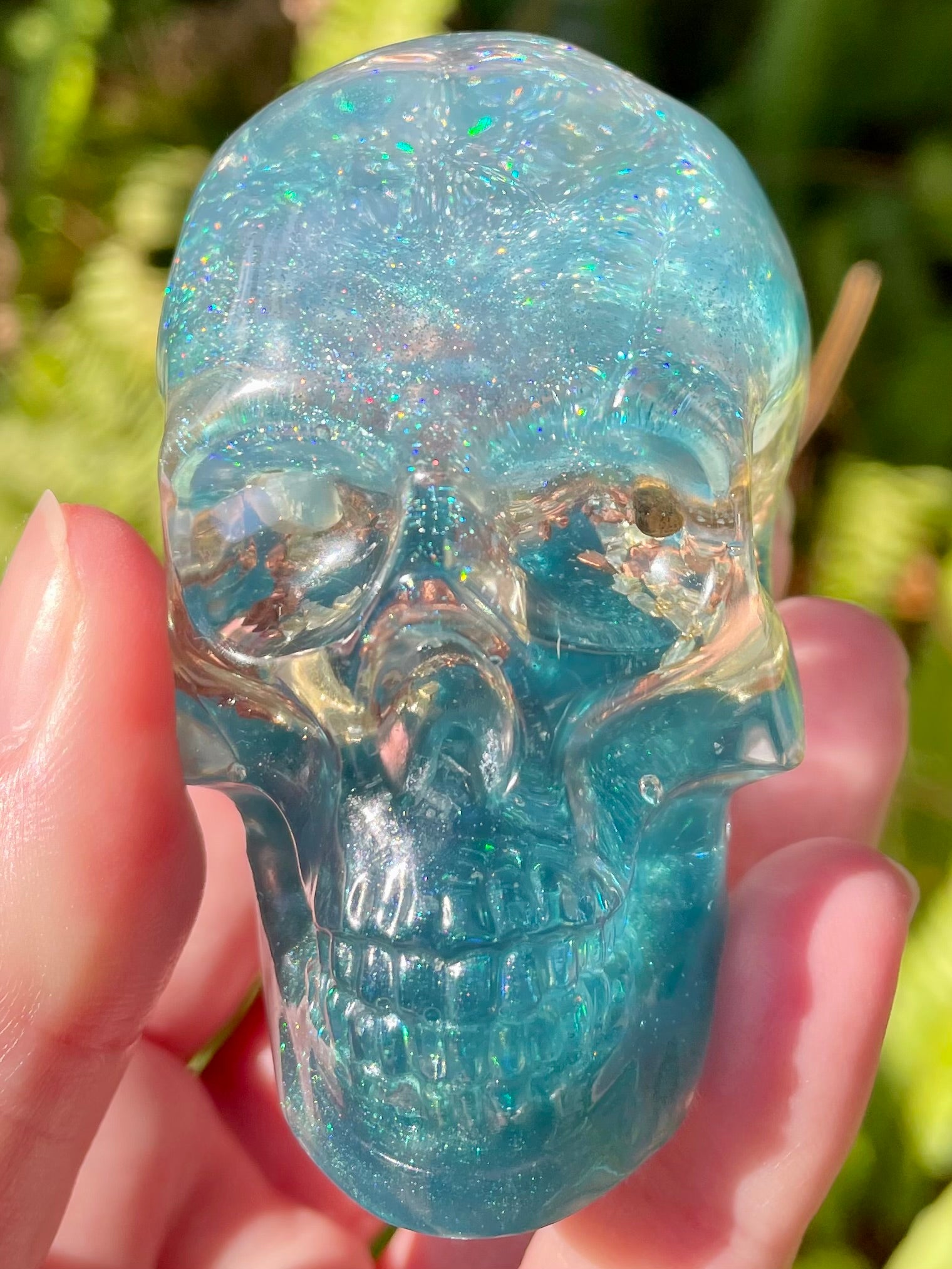 “Selkie” Lemurian Blue Calcite, Blue Kyanite, Turquoise, Opalite, Clear Quartz & Copper Orgonite Skull - Morganna’s Treasures