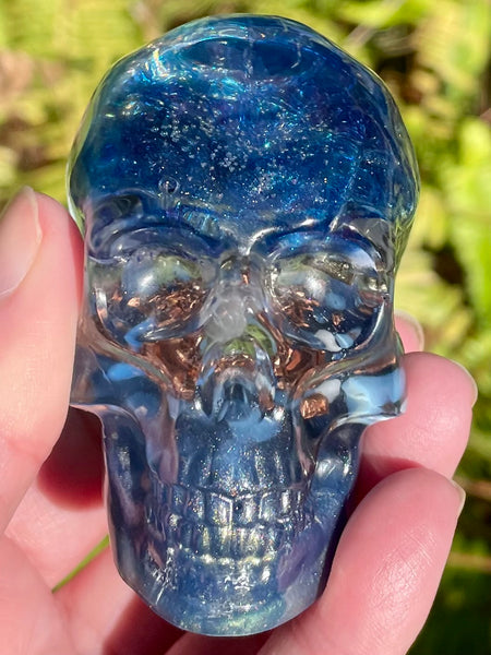 “Celestial” Sodalite, Pyrite, Kyanite, Opalite, Clear Quartz & Copper Orgonite Skull